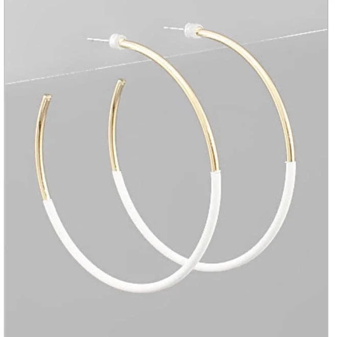 Ladies Casual Day Earrings -Ladies Earrings with Black Onyx-Earrings - White/ Gold Skinny Hoop Earrings