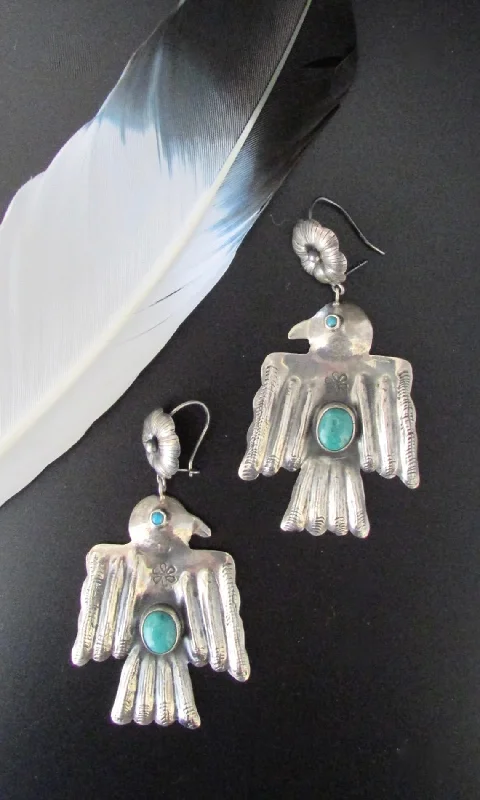 Ladies Lush Tropic Earrings -Ladies Earrings with Clear Natrolite-FEDERICO JIMENEZ Large Silver & Turquoise Thunderbird Earrings, Mexican Oaxacan