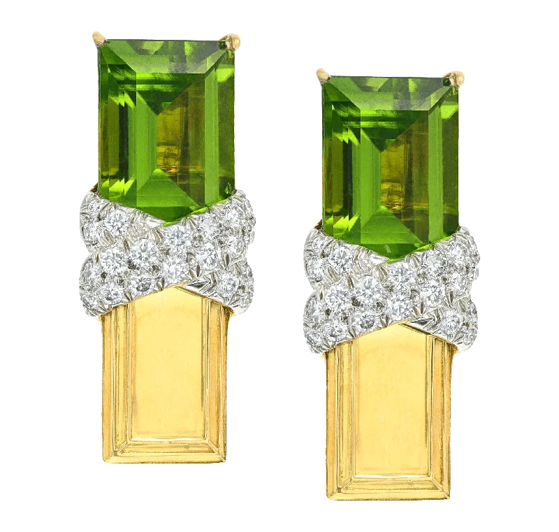 Ladies Bar Accent Earrings -Ladies Earrings with Cyan Richterite-David Webb Peridot and Diamond Earrings