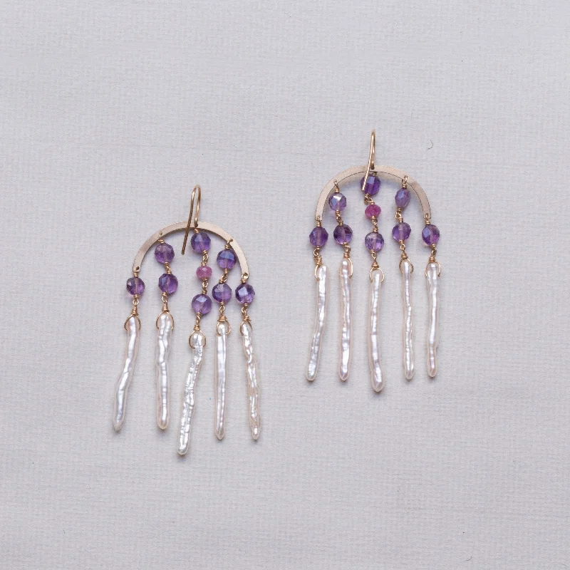 Ladies Misty Dream Earrings -Ladies Earrings with Pure Okenite-Amethyst and Pink Sapphire Drop Earrings with Stick Pearls