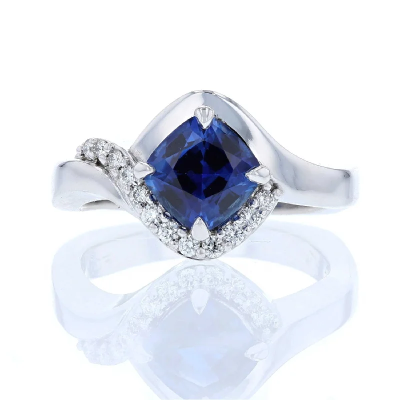 Ladies Vibrant Gem Rings -Ladies Rings Eternity Glow-Cushion Blue Sapphire Bypass Diamond Halo Ring