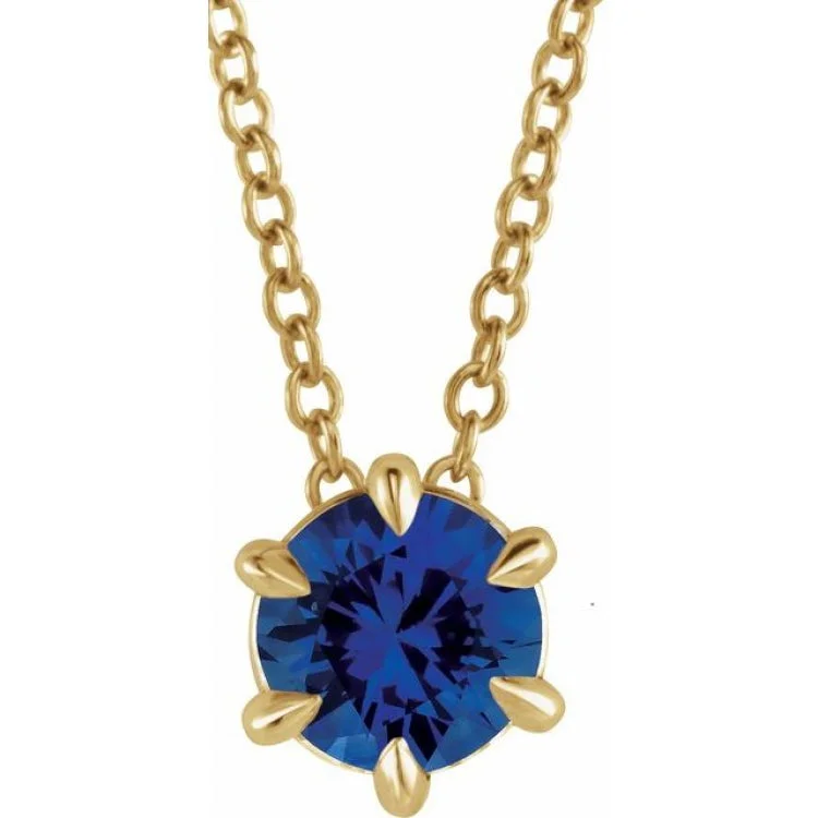 Ladies Necklaces with Square Spark-Ladies Mountain Peak Necklaces -14K Yellow 6 mm Lab-Grown Blue Sapphire Solitaire 16-18" Necklace