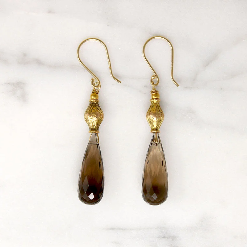 Ladies Mirror Shine Earrings -Ladies Earrings with Ocean Larimar-Faceted Smoky Quartz & Antique Gold Earrings by brunet