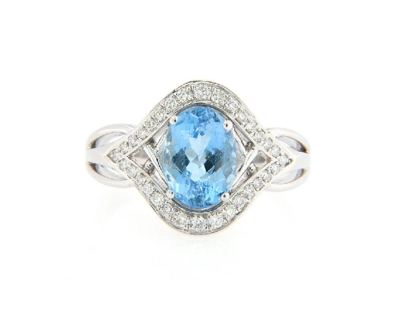 Ladies Cherished Heirloom Rings -Ladies Rings with Pure Danburite-2.28ct Oval Aquamarine and 0.28ctw Diamond Frame Ring in 14K