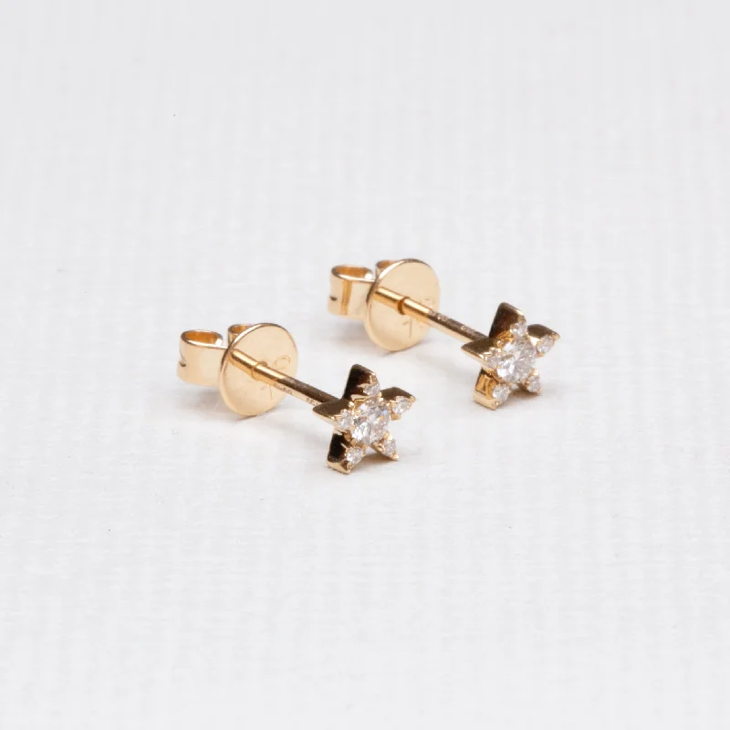 Ladies Tribal Beat Earrings -Ladies Earrings Matte Spark-Yellow Gold Star Stud Earrings with Diamonds