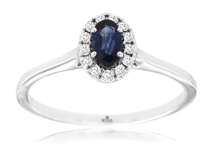 Ladies Fresh Spring Rings -Ladies Rings Light Shine-White Gold Oval Shaped Sapphire with Diamond Halo Ring