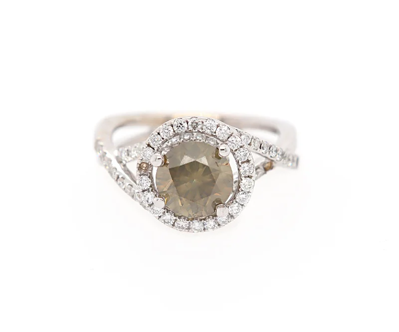 Ladies Midi Style Rings -Ladies Rings for Travel Shine-1.70ctw Round Greenish Brown and White Diamond Halo Ring in 18K