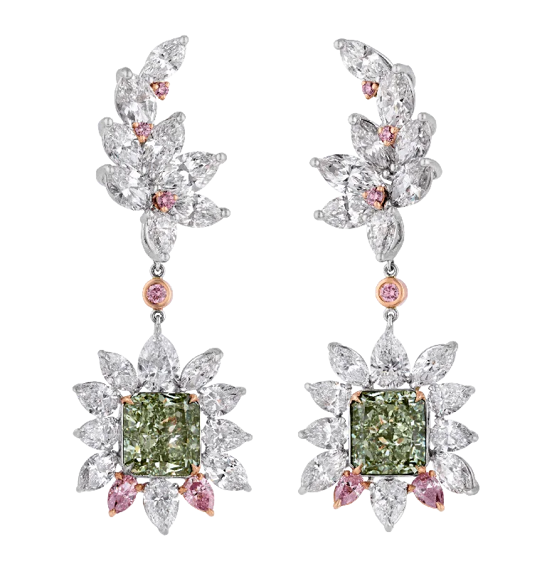 Ladies Winter Festive Earrings -Ladies Earrings with Flower Glow-Fancy Intense Yellowish Green Diamond Earrings, 6.81 carats