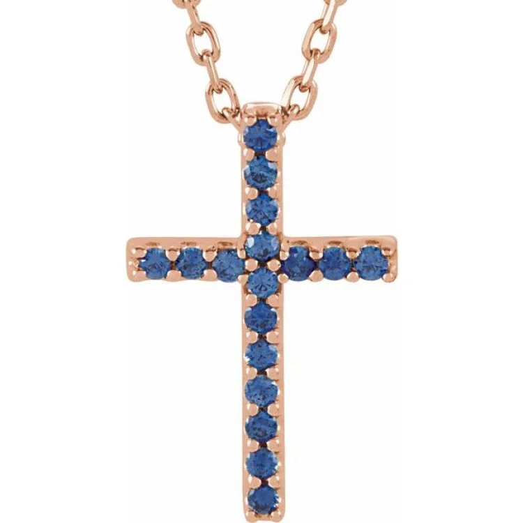 Ladies Necklaces with Grey Hematite-Ladies One-of-a-Kind Necklaces -14K Rose Natural Blue Sapphire Petite Cross 16" Necklace