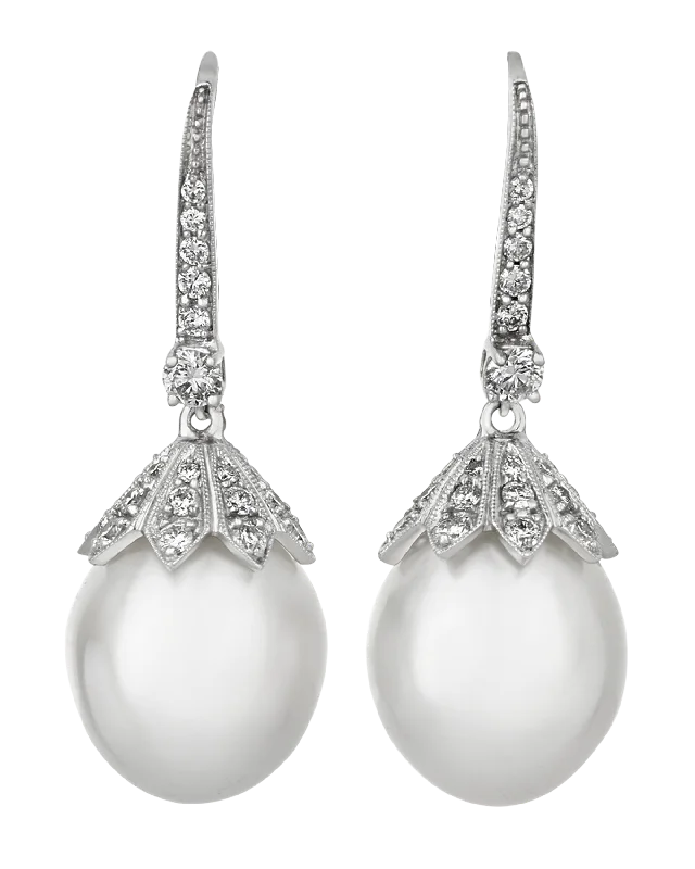 Ladies Flexible Length Earrings -Ladies Earrings with Rose Quartz-South Sea Pearl and Diamond Drop Earrings