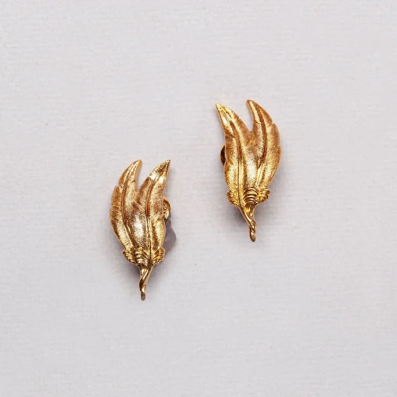 Ladies Faith Anchor Earrings -Ladies Earrings with Cyan Euclase-Vintage Monet Gold Feather Clip-on Earrings