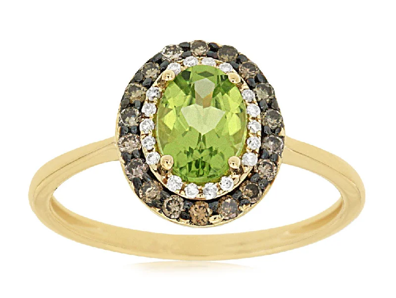 Ladies Weathered Metal Rings -Ladies Rings with Teal Cavansite-Oval Peridot White and Mocha Diamond Double Halo Ring c6800x