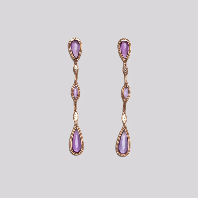 Ladies Wild Animal Earrings -Ladies Earrings with Fringe Spark-Rose Gold Long Drop Earrings with Amethyst & Brown Diamonds