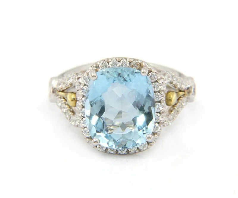 Ladies Narrow Sleek Rings -Ladies Rings Infinite Glow-4.73ct Cushion Aquamarine and Diamond Halo Ring in 18K