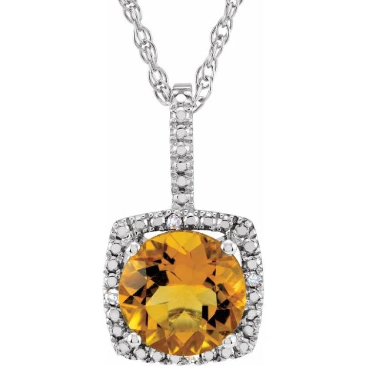 Ladies Necklaces with Cyan Richterite-Ladies Bar Pendant Necklaces -Sterling Silver 7 mm Natural Citrine & .015 CTW Natural Diamond 18" Necklace