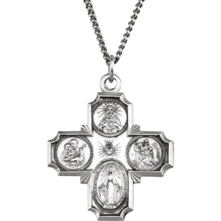 Ladies Necklaces Pearl Shine-Ladies Ceramic Pendant Necklaces -Sterling Silver 30x29 mm Four-Way Cross Medal 24" Necklace