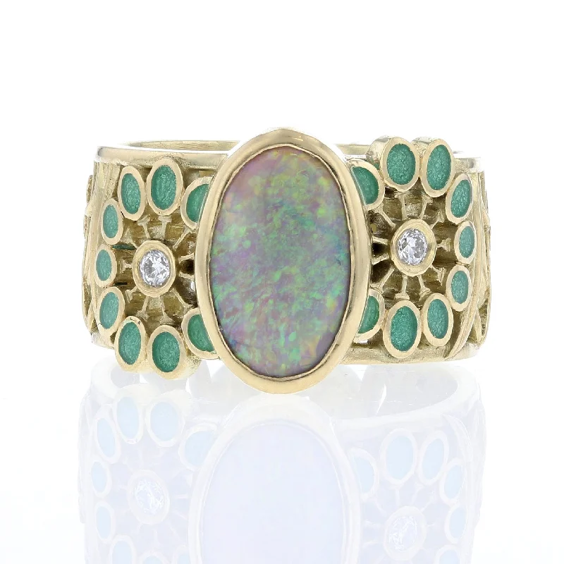 Ladies Pear Drop Rings -Ladies Rings with Wave Glow-Yellow Gold Oval White Opal & Green Enamel Flower Ring