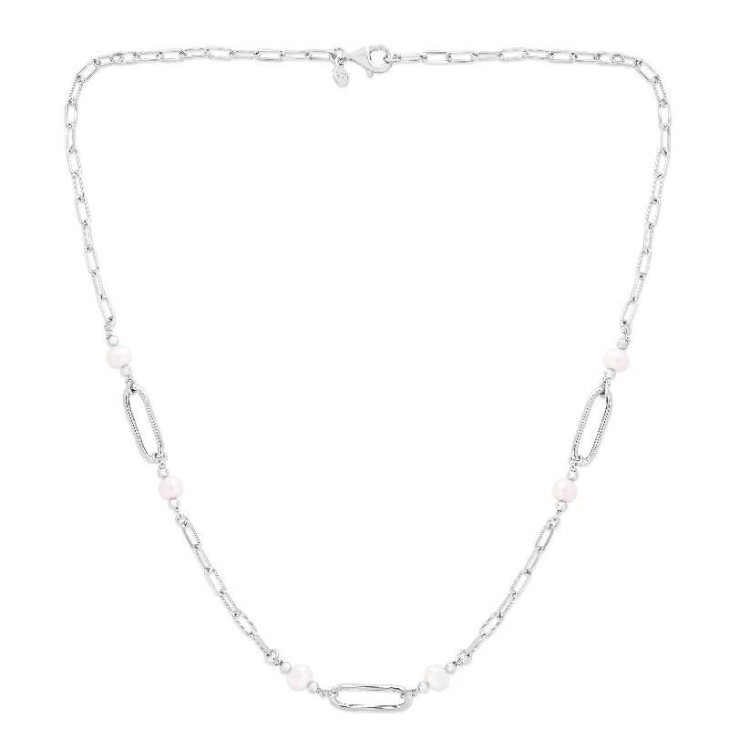 Ladies Necklaces with White Thaumasite-Ladies Moonlit Glow Necklaces -Silver Pearl Paperclip Necklace