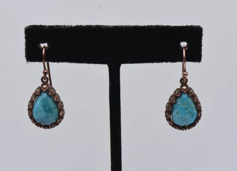 Ladies Triad Shape Earrings -Ladies Earrings with Blue Apatite-Vintage Copper and Turquoise Dangle Earrings