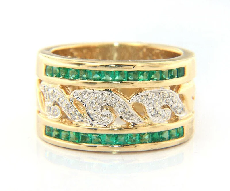 Ladies Victorian Grace Rings -Ladies Rings Polished Spark-Diamond Filigree and Emerald Channel Set Wide Band Ring in 14K