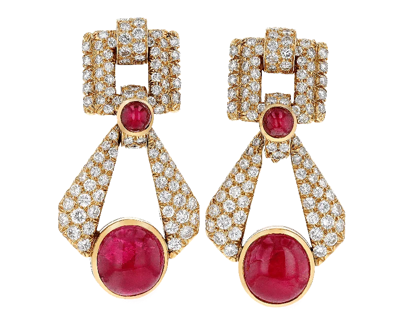 Ladies Squared Off Earrings -Ladies Earrings with Cross Glow-David Webb Cabochon Ruby and Diamond Earrings