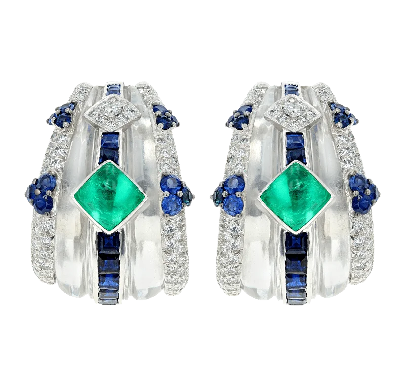 Ladies Halo Spark Earrings -Ladies Earrings with Cream Howlite-David Webb Emerald, Sapphire and Diamond Earrings