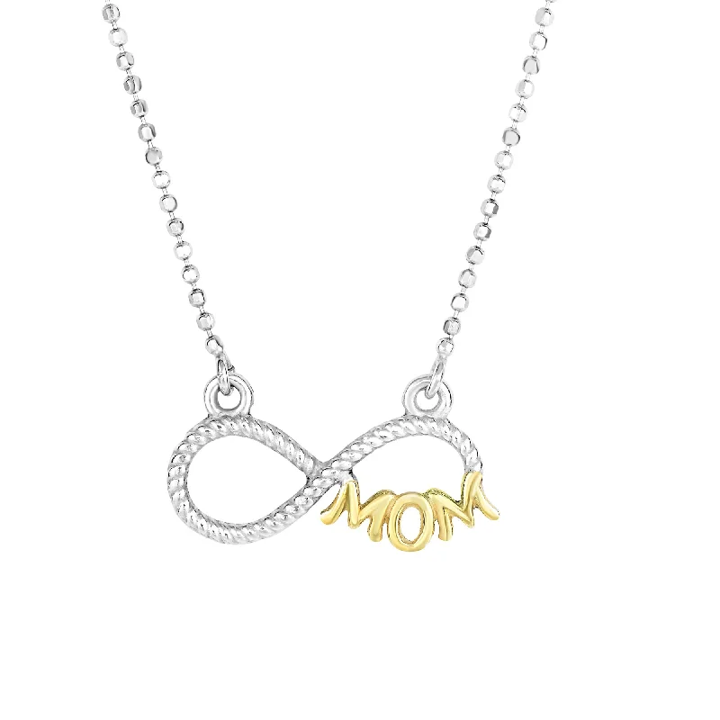 Ladies Necklaces in Warm Gold-Ladies Yellow Gold Necklaces -Silver Two-tone CZ Infinity Mom Necklace