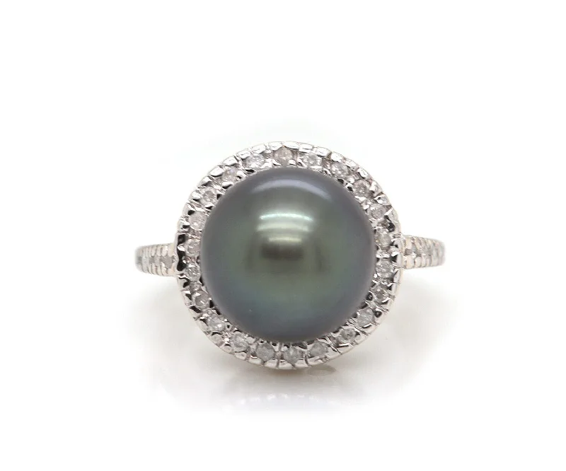 Ladies Soft Satin Rings -Ladies Rings with Tree Shine-11.50 MM Grey Tahitian Pearl and 0.25ctw Diamond Halo Ring in 14K