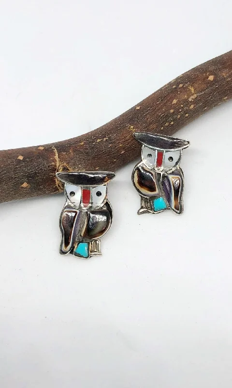 Ladies Bold Fashion Earrings -Ladies Earrings with Diamond Spark-OWL LOVE Vintage 70s Silver Inlay Earrings, Zuni Style