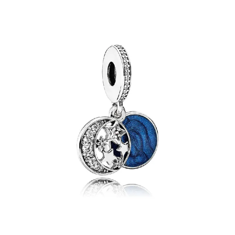 Ladies Onyx Bold Rings -Ladies Rings with Soft Moonstone-Pandora VINTAGE NIGHT SKY DANGLE WITH SHIMMERING MIDNIGHT BLUE ENAMEL AND CLEAR CZ - 791993CZ