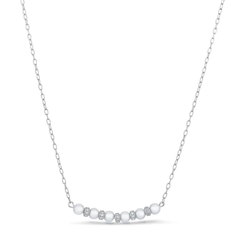 Ladies Necklaces Simple Glow-Ladies Artisan Handmade Necklaces -Platinum Finish Sterling Silver Micropave Pearl and Simulated Diamond Necklace - Adjustable 18"-20"