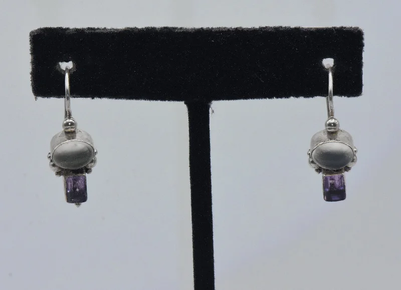 Ladies Purring Cat Earrings -Ladies Earrings for Bride Glow-Vintage Cat's Eye Moonstone and Amethyst Sterling Silver Earrings