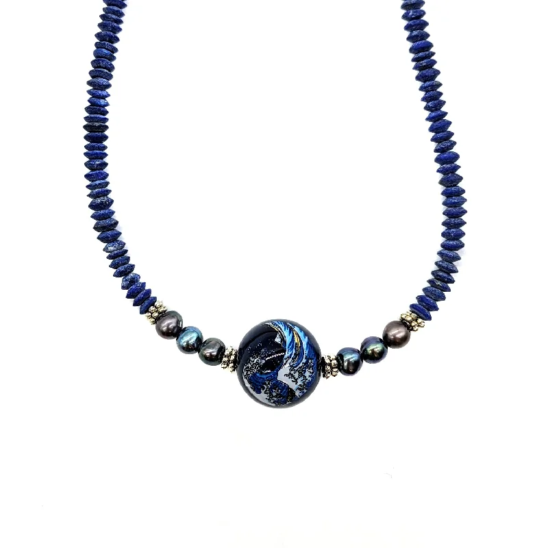 Ladies Necklaces with Crescent Glow-Ladies Sun Glow Necklaces -Hokusai Tensha & Lapis Necklace