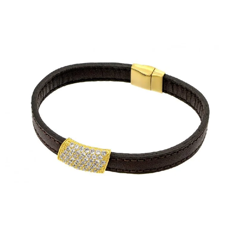 Ladies Bracelets with Aqua Turquoise-Ladies Refined Elegance Bracelets -Clearance-Silver 925 Gold Plated Clear Micro Pave CZ Black Leather Bracelet - ECB004GP