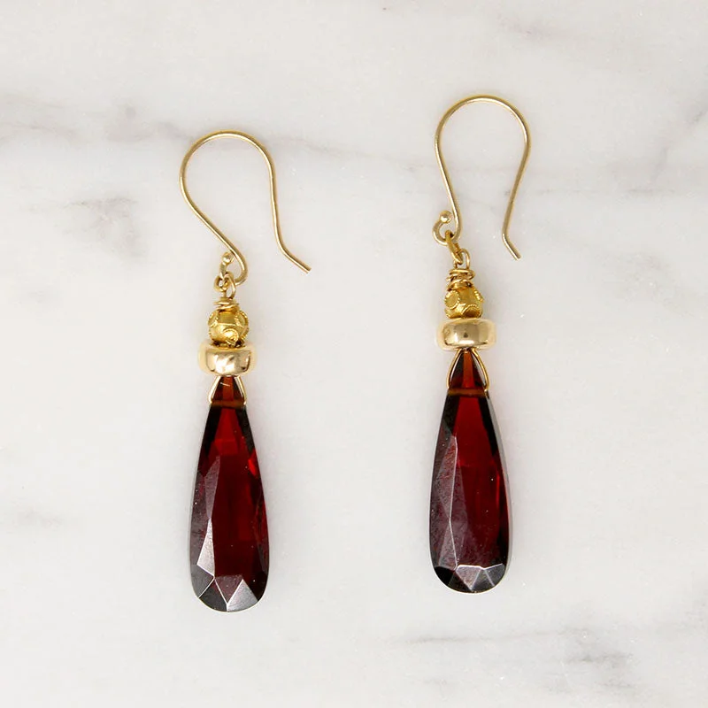 Ladies Yoga Flow Earrings -Ladies Earrings with Wave Spark-Antique Gold & Glittering Garnet Earrings by brunet