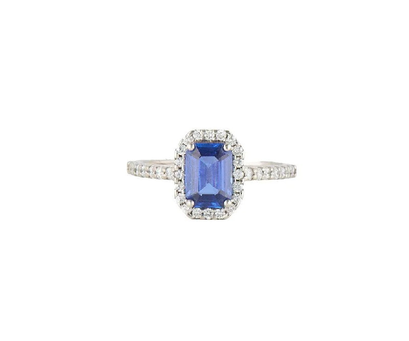 Ladies Paired Couple Rings -Ladies Rings with Heart Gem-1.00ct Emerald Cut Sapphire and 0.28ctw Diamond Frame Ring in Platinum