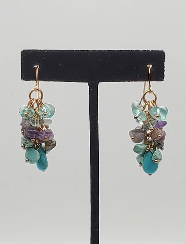 Ladies Lunar Tide Earrings -Ladies Earrings with Yellow Xenotime-Vintage Amethyst and Turquoise Nugget Bead Gold Tone Dangle Earrings