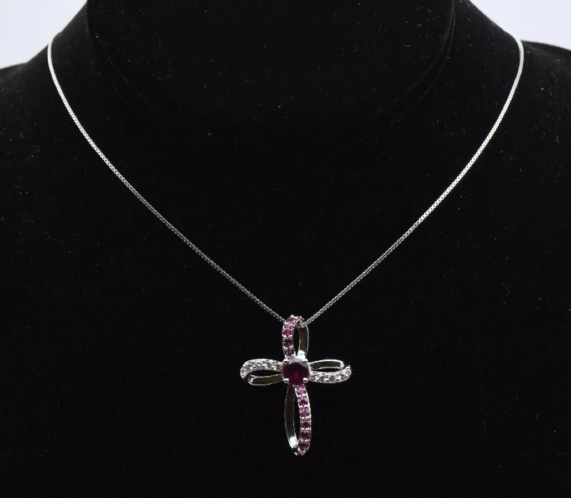 Ladies Necklaces with Angel Spark-Ladies Solid Heavy Necklaces -Garnet and Topaz Sterling Silver Cross Pendant on Sterling Silver Chain Necklace