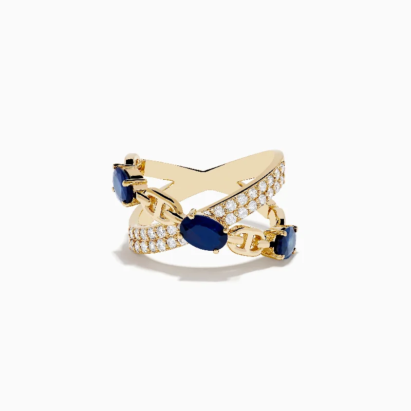 Ladies Misty Dream Rings -Ladies Rings with Pure Okenite-Royal Bleu 14K Yellow Gold Sapphire and Diamond Criss Cross Chain Link Ring