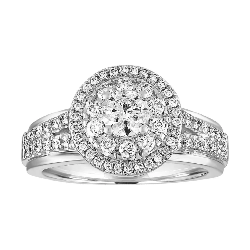 Ladies Halo Spark Rings -Ladies Rings with Cream Howlite-14k White Gold Diamond Halo Ring BLISS29-E-Size 6.5