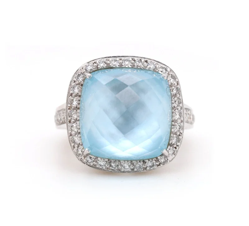 Ladies Crafted Artisan Rings -Ladies Rings Simple Shine-Blue Mother of Pearl Quartz and 0.85ctw Diamond Frame Ring in 14K