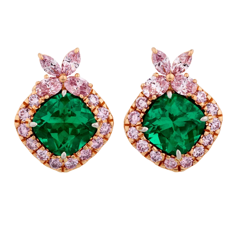 Ladies Snug Huggie Earrings -Ladies Earrings for Travel Spark-Muzo Emerald and Argyle Diamond "Azalea" Earrings, 3.30 Carats