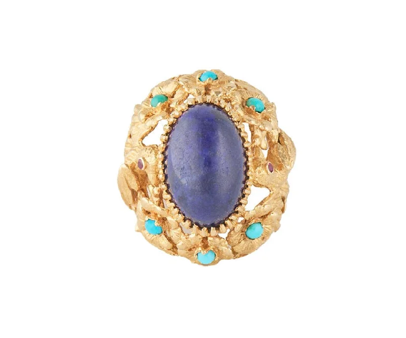 Ladies Cocktail Glam Rings -Ladies Rings Dark Glow-Oval Lapis Turquoise and Ruby Bird and Forest Design Cocktail Ring in 18K