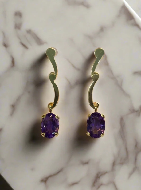 Ladies Radiant Crystal Earrings -Ladies Earrings with Bold Gems-Amethyst oval faceted cutaneous 18k gold earrings, one of a kind, Fine earrings, Handmade earrings, Greek Jewelry