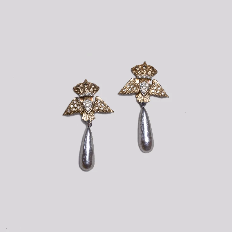 Ladies Stellar Dust Earrings -Ladies Earrings with Leaf Glow-Vintage Butler & Wilson Crown Eagle Wings Clip-on Earrings