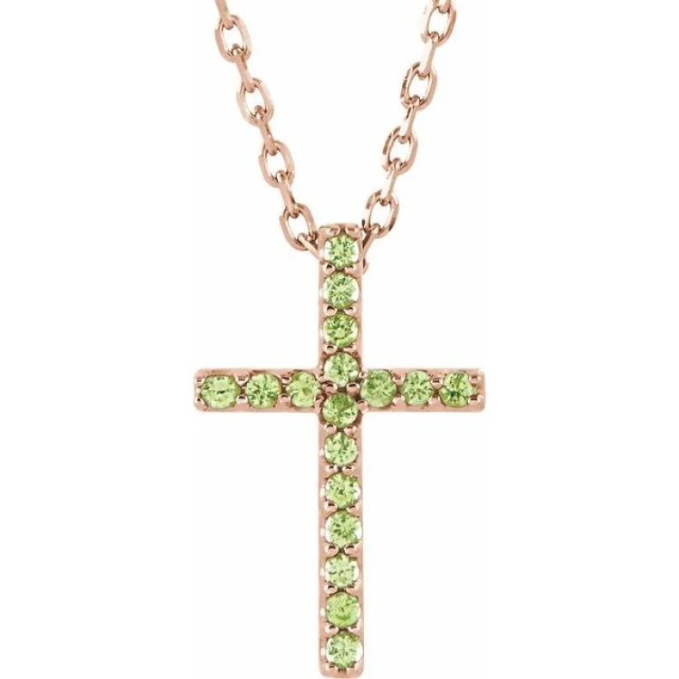 Ladies Necklaces Light Glow-Ladies Spring Bloom Necklaces -14K Rose Natural Peridot Petite Cross 16" Necklace