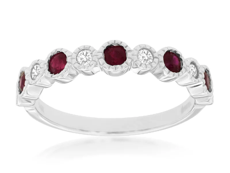 Ladies Snow White Rings -Ladies Rings with Plum Tanzanite-White Gold Ruby & Diamond Bezel Set Ring