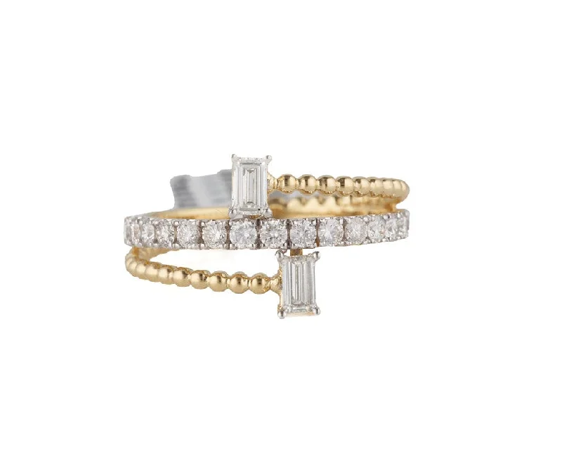 Ladies Open-Design Rings -Ladies Rings Boho Shine-New 0.80ctw Baguette and Round Diamond Bypass Ring in 14K