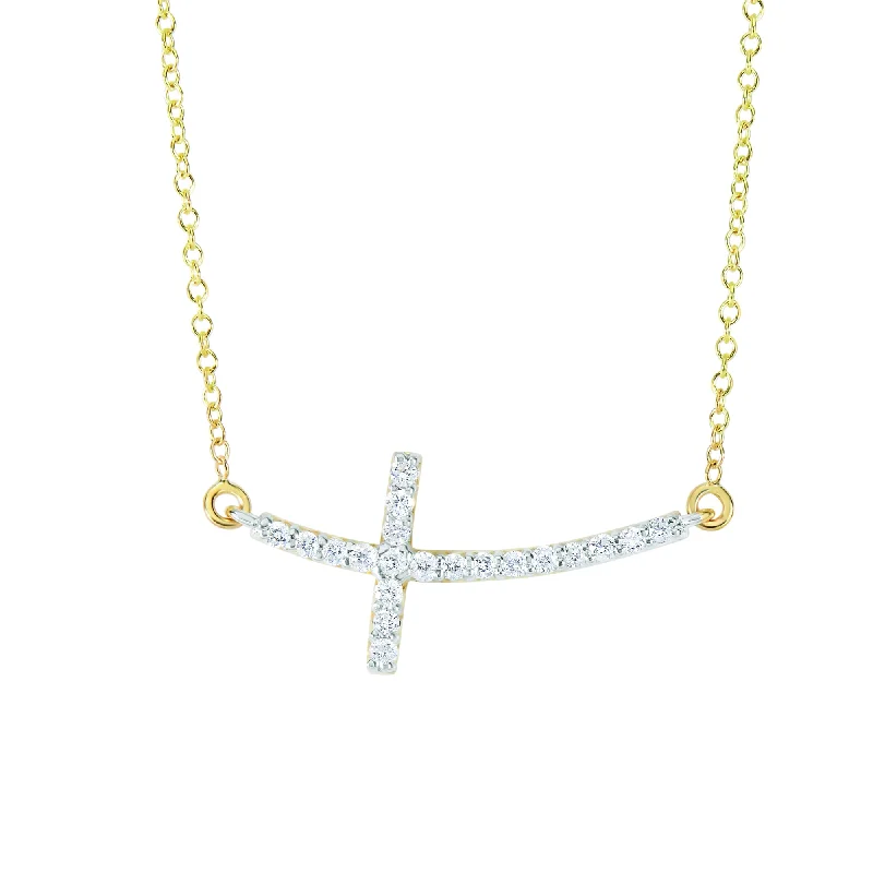 Ladies Necklaces with Triangle Spark-Ladies Fairy Tale Necklaces -14K Gold .22ct Diamond Side Cross Necklace