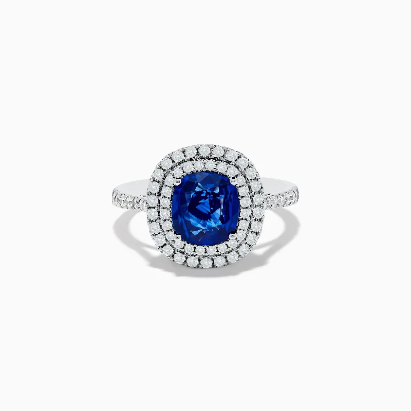 Ladies Etched Name Rings -Ladies Rings Wide Glow-18K White Gold Blue Sapphire and Diamond Double Halo Ring